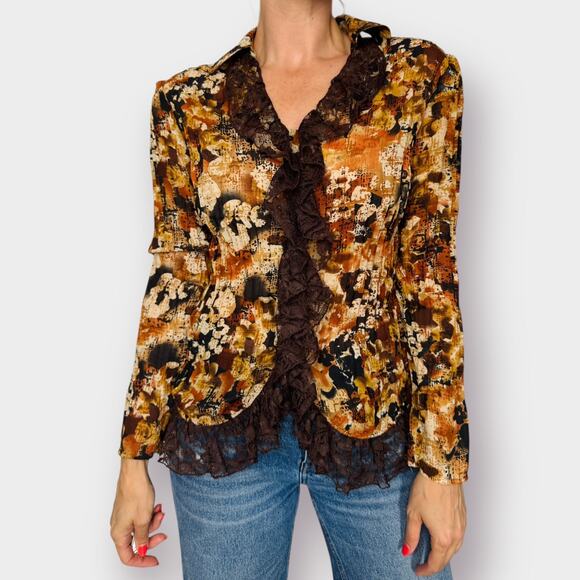 Y2K Fashion Bug Orange and Brown Lace Front Blouse‎ - Picture 1 of 6